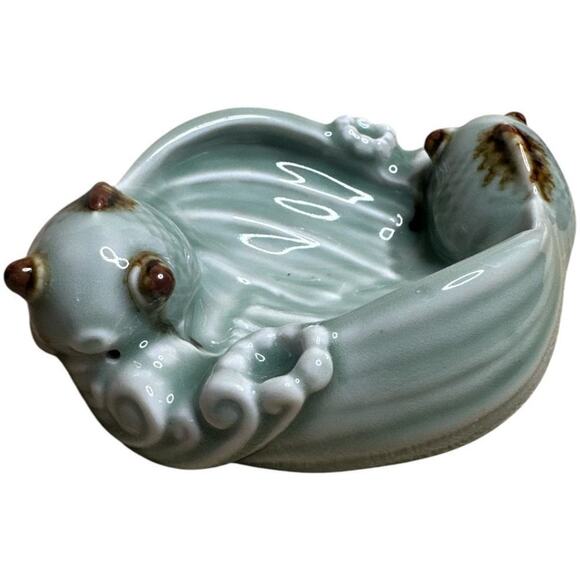 Chinese Craftsmen Art Deco Modern Sage Brown Trinket Dish Koi Carp Fishes - Picture 2 of 4